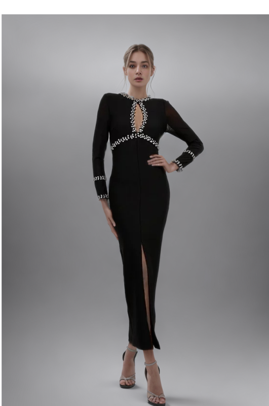 TWOTWINSTYLE  Diamonds Sexy Dresses For Women Round Neck Long Sleeve High Waist Hollow Out  Fashion Clothing