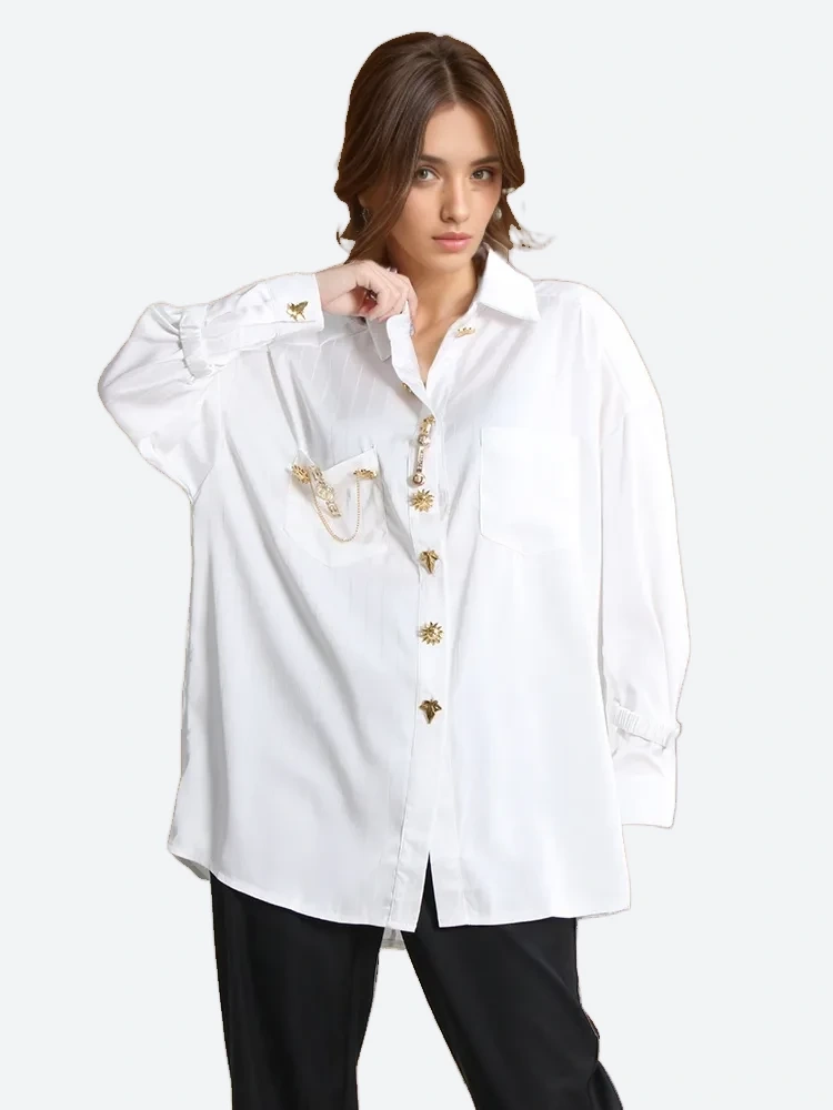 TWOTWINSTYLE Patchwork Diamonds Striped Shirts For Women Lapel Long SleeveFashion Clothing