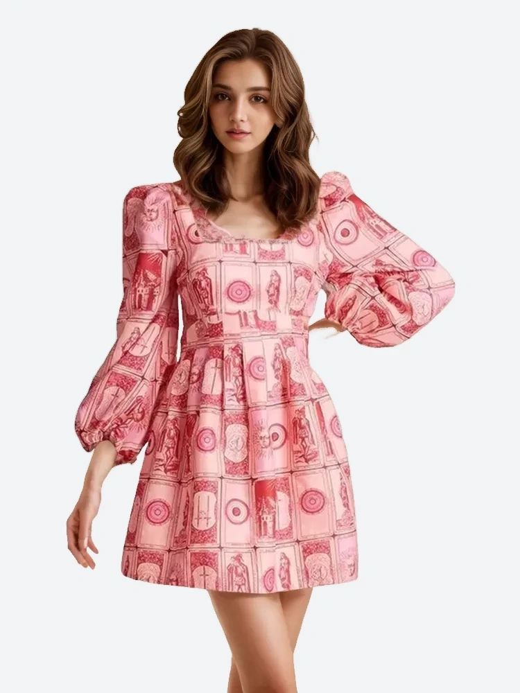 TWOTWINSTYLE Printing  Mini Dress For Women Square  Neck Long Sleeve Women Clothing