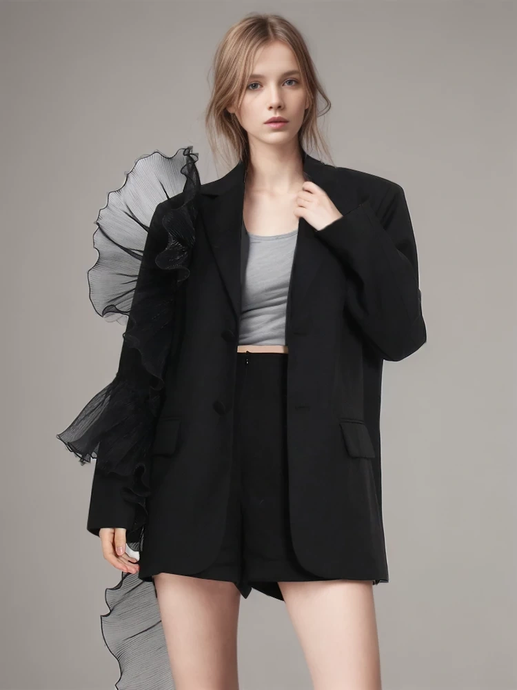 TWOTWINSTYLE Spliced Mesh  Blazer For Women Notched Collar Long Sleeve Autum Asymmetrical Fashion  Clothing