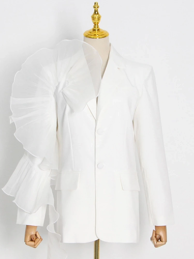 TWOTWINSTYLE Spliced Mesh  Blazer For Women Notched Collar Long Sleeve Autum Asymmetrical Fashion  Clothing