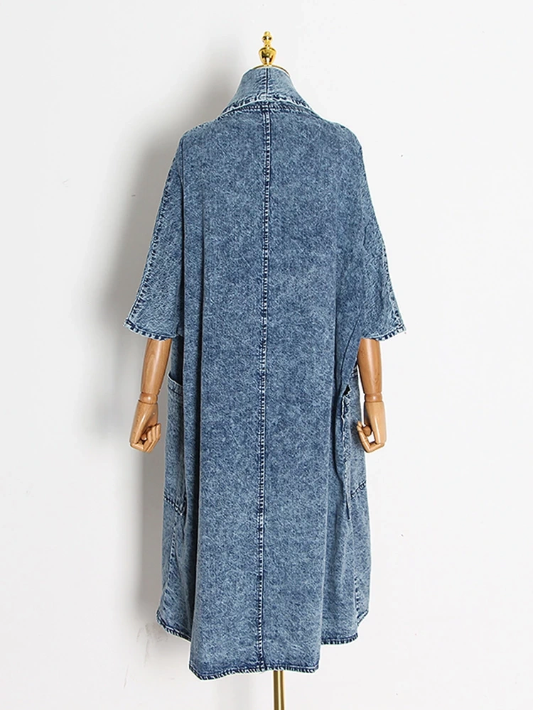 TWOTWINSTYLE  Denim Windbreasker For Women Lapel Long Sleeve Patchwork Pocket Fashion Clothing