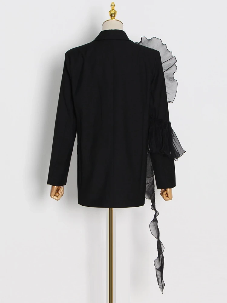 TWOTWINSTYLE Spliced Mesh  Blazer For Women Notched Collar Long Sleeve Autum Asymmetrical Fashion  Clothing