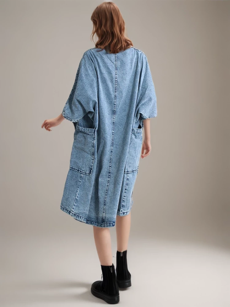 TWOTWINSTYLE  Denim Windbreasker For Women Lapel Long Sleeve Patchwork Pocket Fashion Clothing