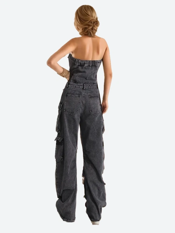 TWOTWINSTYLE Spliced Denim Jumpsuits For Women Strapless Sleeveless High Waist  Pockets Clothing