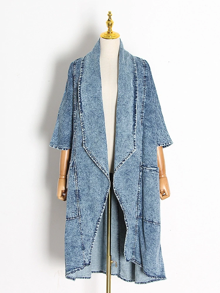 TWOTWINSTYLE  Denim Windbreasker For Women Lapel Long Sleeve Patchwork Pocket Fashion Clothing