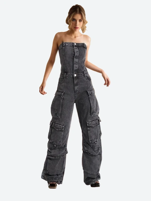 TWOTWINSTYLE Spliced Denim Jumpsuits For Women Strapless Sleeveless High Waist  Pockets Clothing