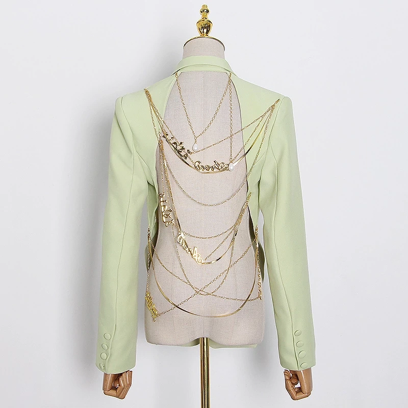 TWOTWINSTYLE Patchwork Chain Blazer For Women Notched Collar Clothing