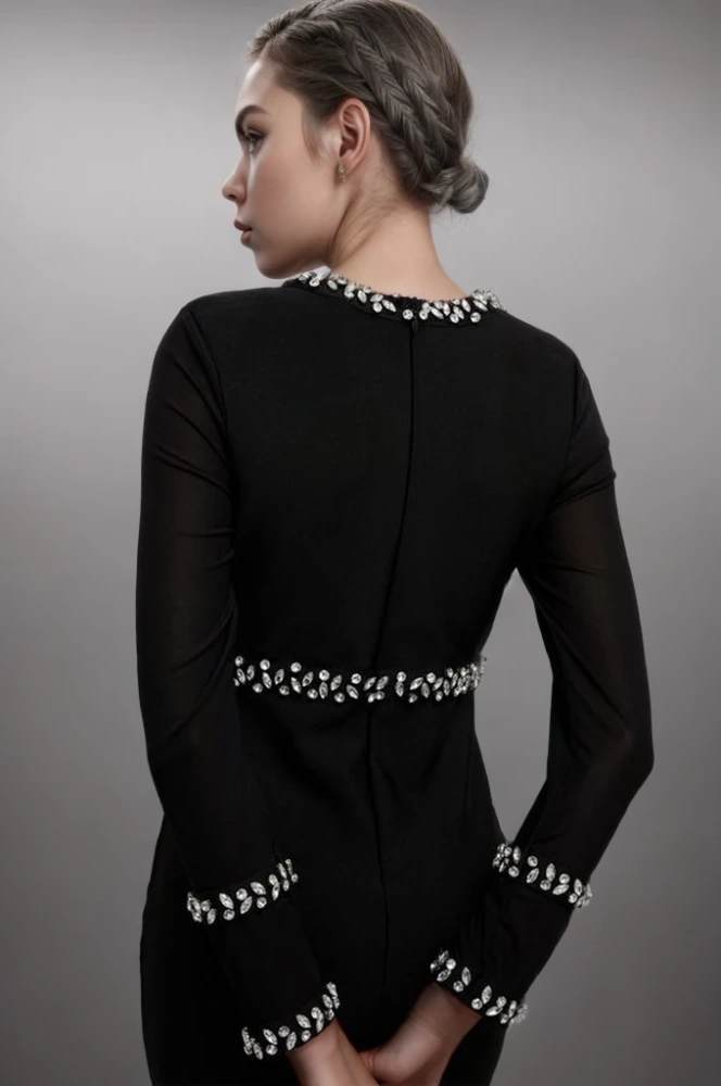 TWOTWINSTYLE  Diamonds Sexy Dresses For Women Round Neck Long Sleeve High Waist Hollow Out  Fashion Clothing