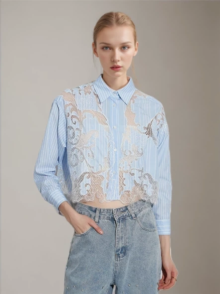 TWOTWINSTYLE   Lace Shirt For Women Lapel Long Sleeve Single Breasted Irregular Hem Fashion Clothing