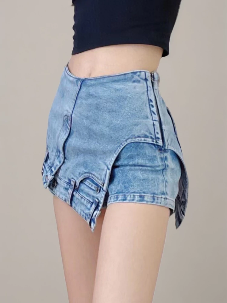 TWOTWINSTYLE Irregular  Denim Shorts For Women High Waist Patchwork Pockets Clothing