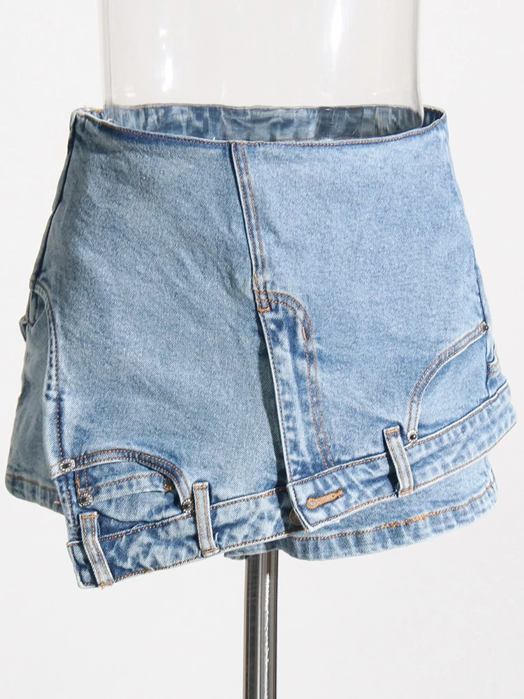 TWOTWINSTYLE Irregular  Denim Shorts For Women High Waist Patchwork Pockets Clothing