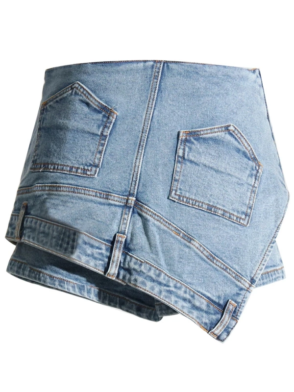 TWOTWINSTYLE Irregular  Denim Shorts For Women High Waist Patchwork Pockets Clothing