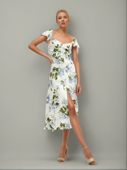TWOTWINSTYLE Printing Casual Dresses For Women Square Collar Short Sleeve High Waist Backless Fashion Clothing