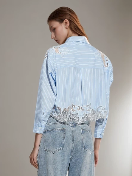 TWOTWINSTYLE   Lace Shirt For Women Lapel Long Sleeve Single Breasted Irregular Hem Fashion Clothing