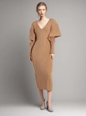 Hollow Out Minimalist Dress For Women V Neck Long Sleeve Knitting