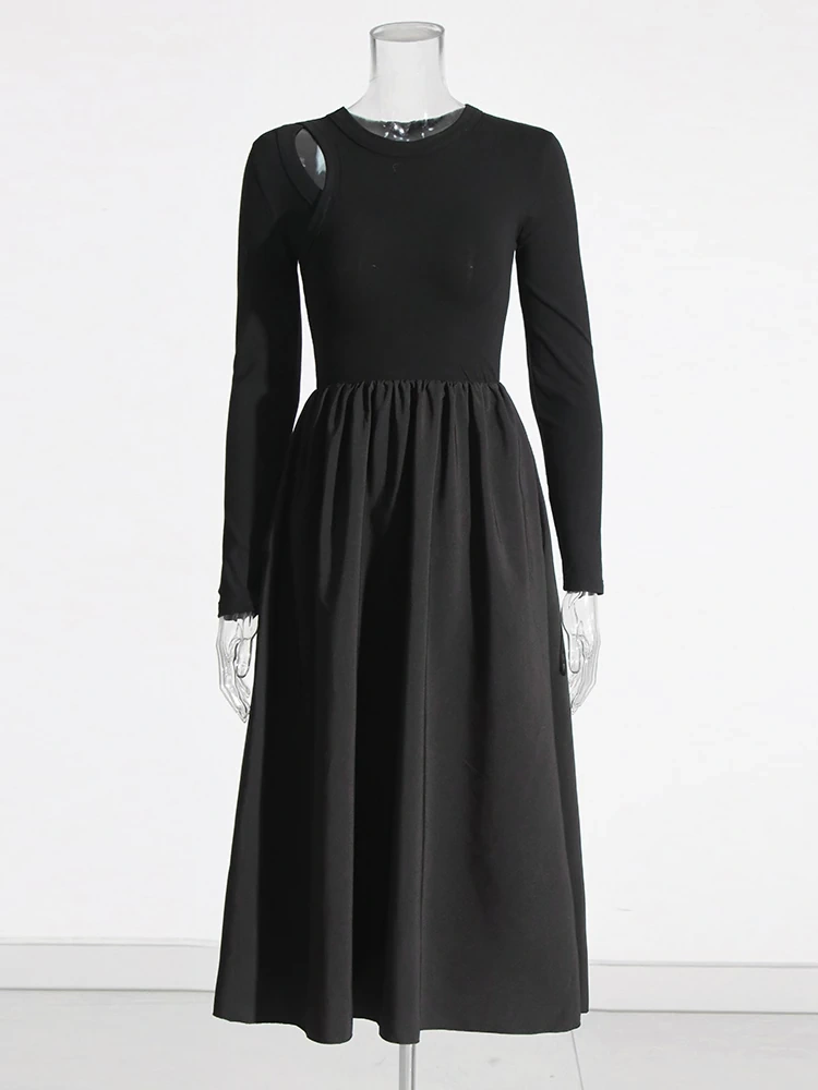 TWOTWINSTYLE  Hollow Out Slimming Dresses For Women Round Neck Long Sleeve High Waist Patchwork Pockets A Line Dress