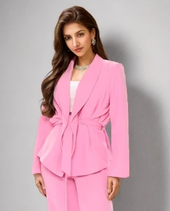 TWOTWINSTYLE Belt  Blazers For Women Notched Long Sleeve Gathered Waist Lace Up Clothing