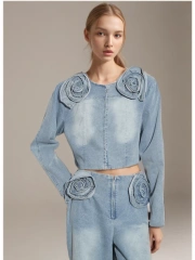 Denim Coats For Women Spliced Spiral Casual  Round Neck Long Sleeve