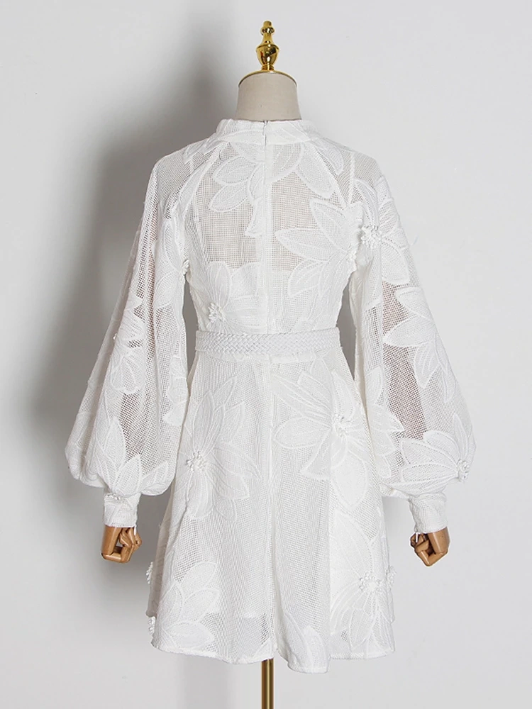 TWOTWINSTYLE  White Spring Women's Dress Stand Collar Lantern Long Sleeve Clothing