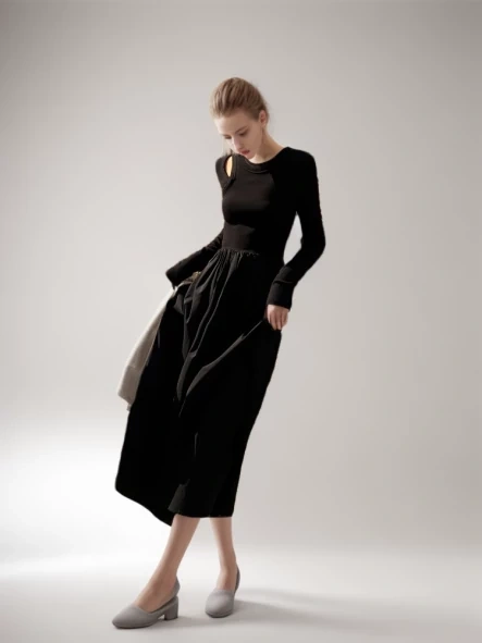 TWOTWINSTYLE  Hollow Out Slimming Dresses For Women Round Neck Long Sleeve High Waist Patchwork Pockets A Line Dress