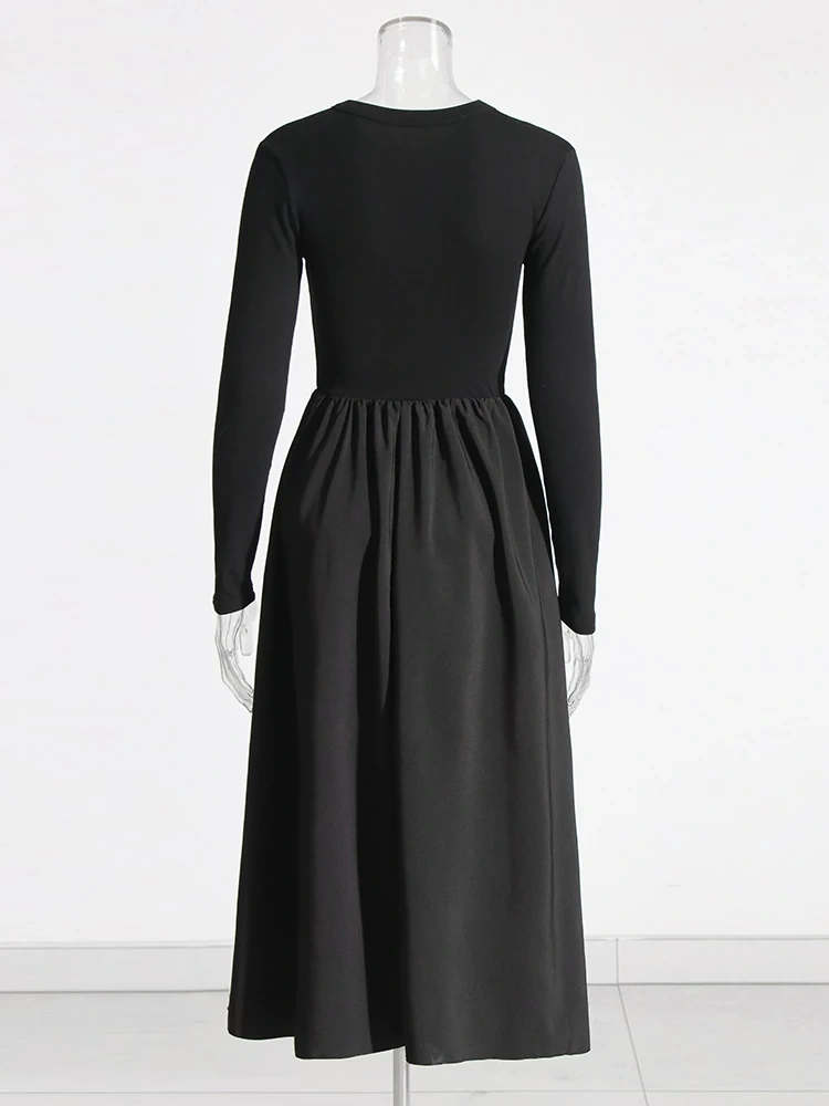 TWOTWINSTYLE  Hollow Out Slimming Dresses For Women Round Neck Long Sleeve High Waist Patchwork Pockets A Line Dress