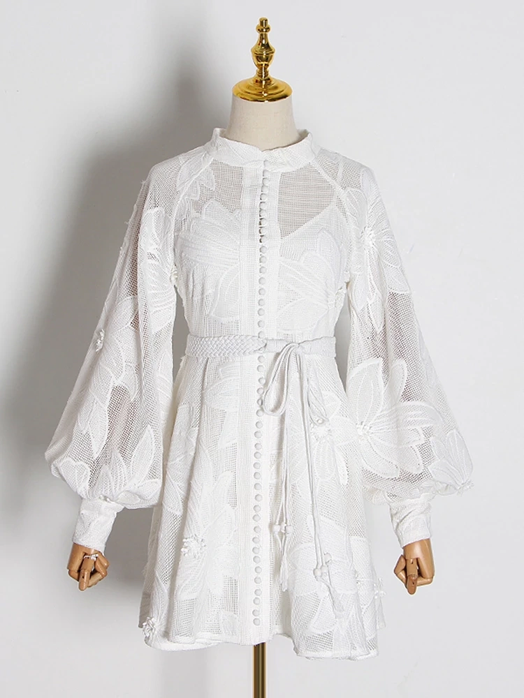 TWOTWINSTYLE  White Spring Women's Dress Stand Collar Lantern Long Sleeve Clothing