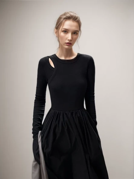 TWOTWINSTYLE  Hollow Out Slimming Dresses For Women Round Neck Long Sleeve High Waist Patchwork Pockets A Line Dress