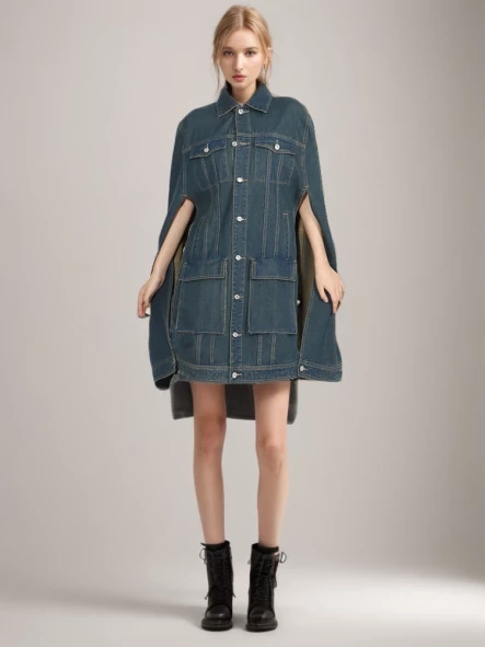 TWOTWINSTYLE  Chic Denim Coats For Women Lapel Cloak Sleeve Single Breasted Pockets Fashon Clothing
