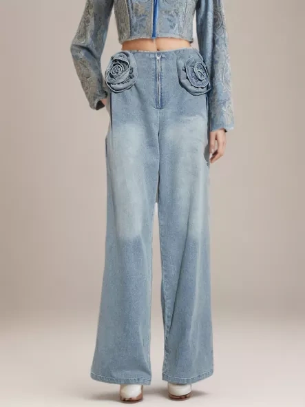 TWOTWINSTYLE Minimalist Jeans For Women High Waist Patchwork Floral Spring Fashion Clothing
