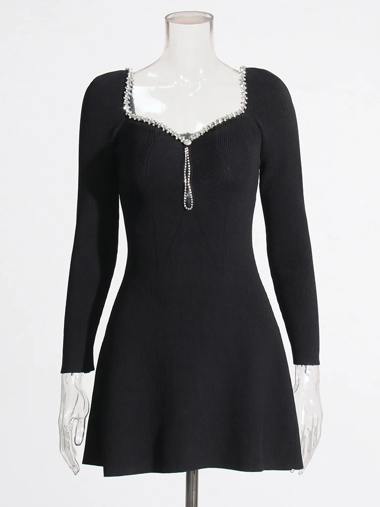 TWOTWINSTYLE Diamonds Mini  Dresses For Women V Neck  Neck Long Sleeve Fashion Clothing