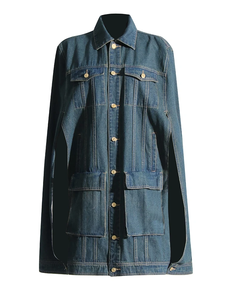 TWOTWINSTYLE  Chic Denim Coats For Women Lapel Cloak Sleeve Single Breasted Pockets Fashon Clothing