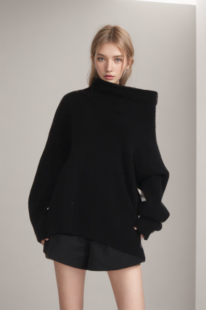 TWOTWINSTYLE Pullover Sweaters For Women Diagonal Collar Long Sleeve Autumn Knitting Fashion Clothing