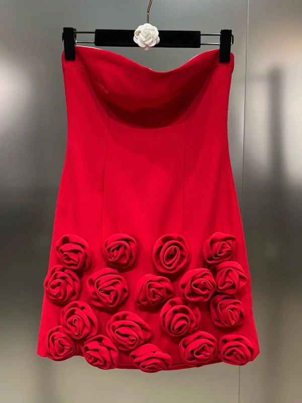TWOWINSTYLE Red Floral Patchwork Sleeveless High Waisted Sexy Dress