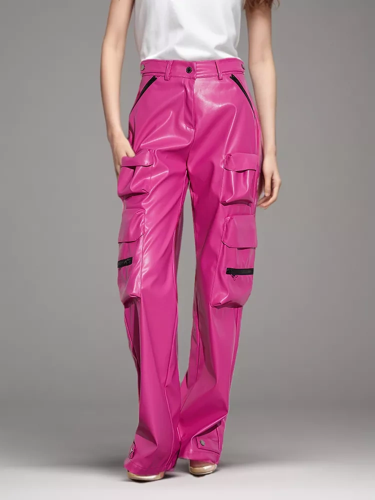 TWOTWINSTYLE Pockets Casual Leather Pants For Women High Waist Spliced Zipper  Straight Fashion Clothing
