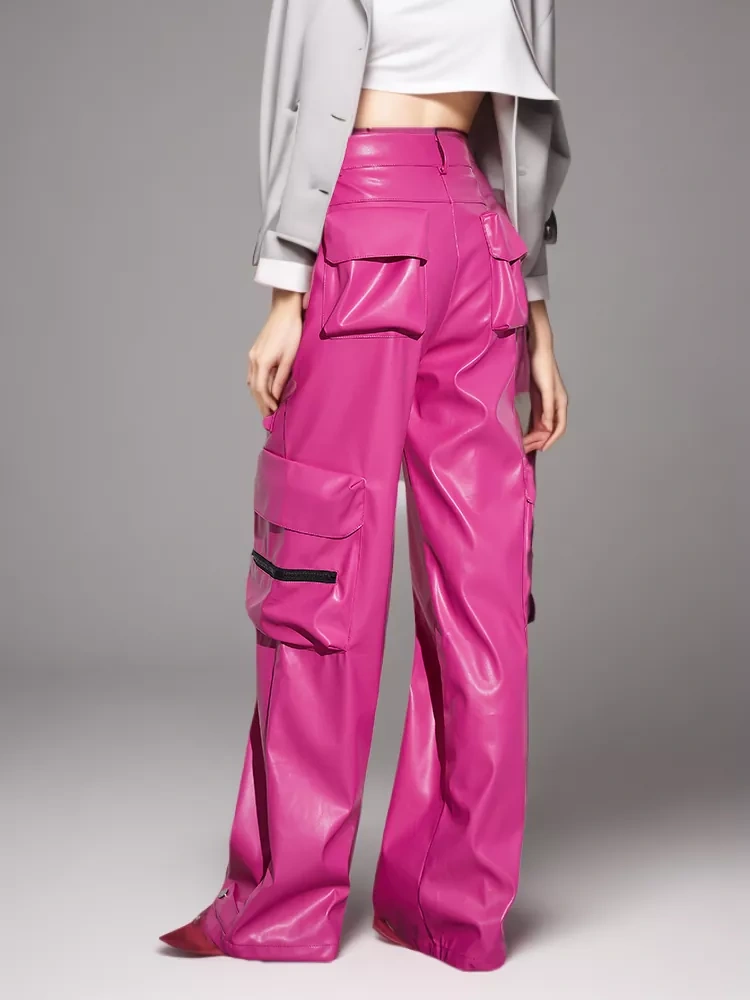 TWOTWINSTYLE Pockets Casual Leather Pants For Women High Waist Spliced Zipper  Straight Fashion Clothing