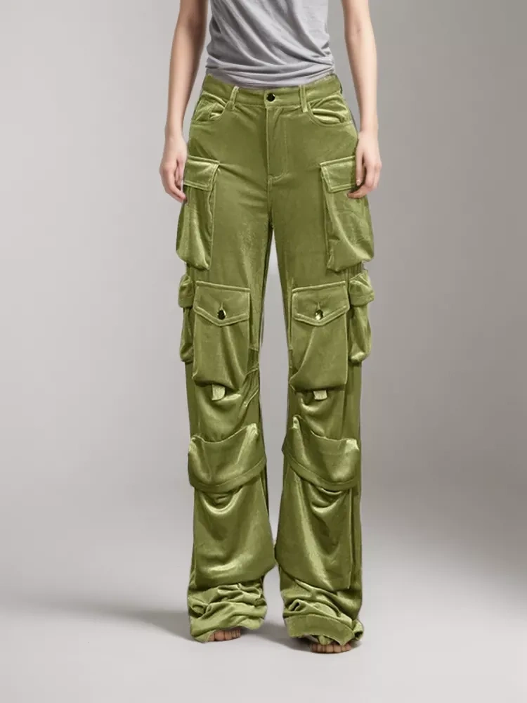 TWOTWINSTYLE  Patchwork Pocket Cargo Trousers For Women High Waist Spliced Velvet Pant Clothing