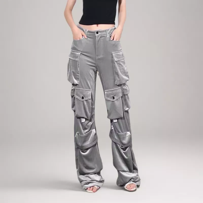 TWOTWINSTYLE  Patchwork Pocket Cargo Trousers For Women High Waist Spliced Velvet Pant Clothing