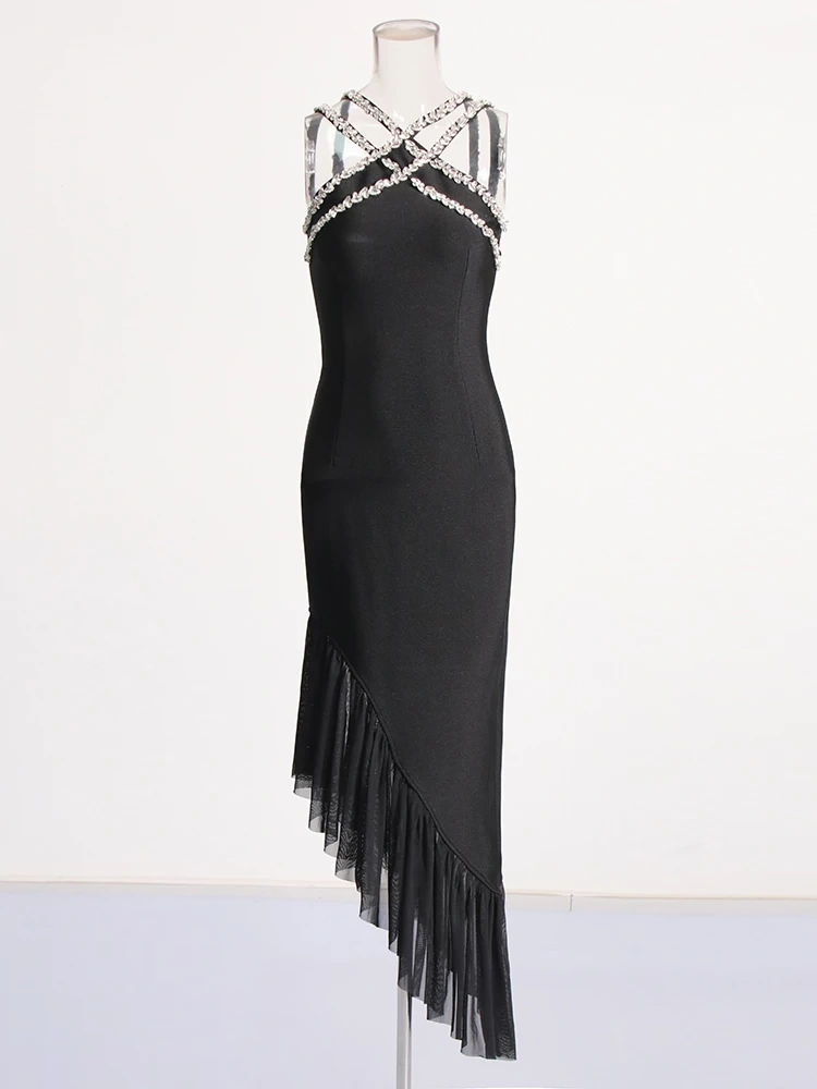 TWOTWINSTYLE Sexy Spliced Mesh  Dress For Women V Neck Sleeveless  Slimming Diamonds Clothing