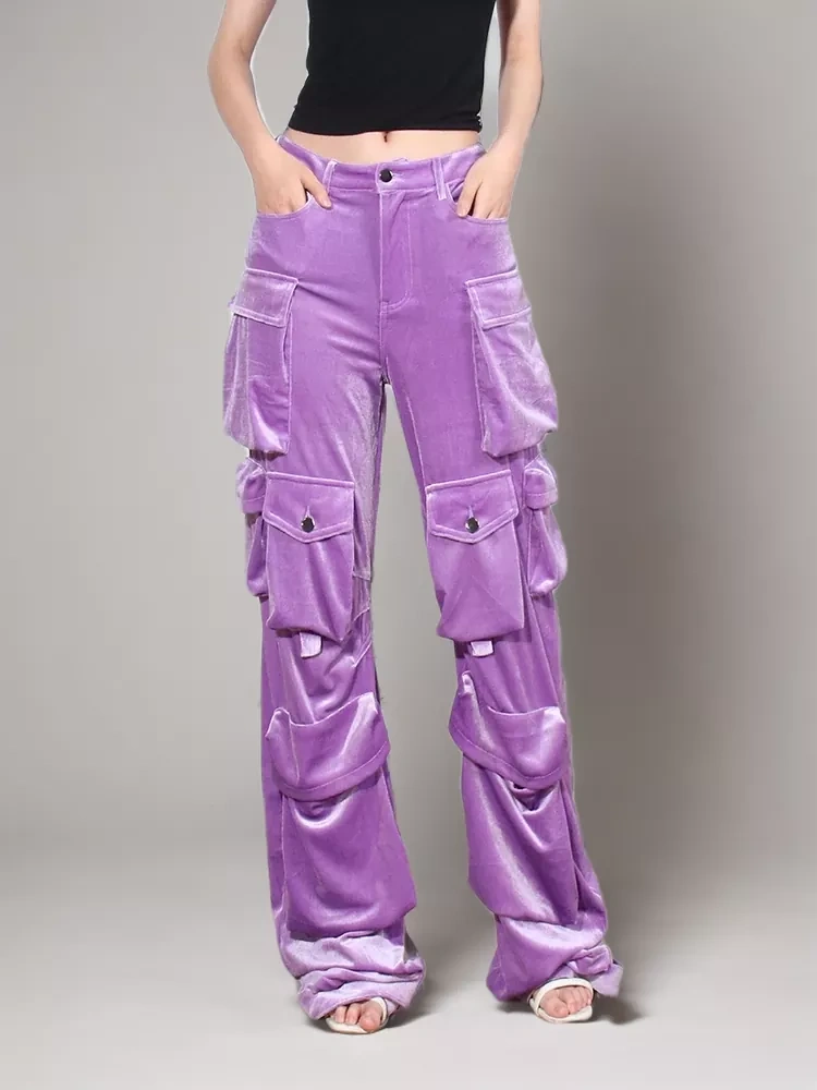 TWOTWINSTYLE  Patchwork Pocket Cargo Trousers For Women High Waist Spliced Velvet Pant Clothing