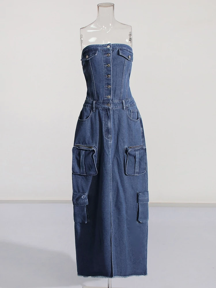 TWOTWINSTYLE  Denim Maxi Dresses For Women Strapless Off Shoulder Backless Split Clothing