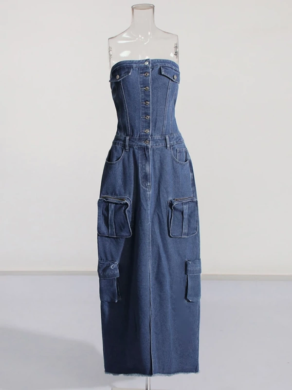 TWOTWINSTYLE  Denim Maxi Dresses For Women Strapless Off Shoulder Backless Split Clothing