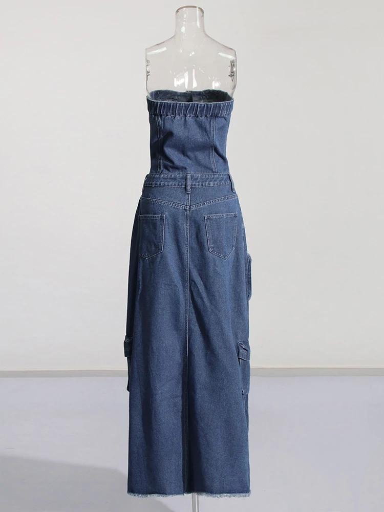 TWOTWINSTYLE  Denim Maxi Dresses For Women Strapless Off Shoulder Backless Split Clothing