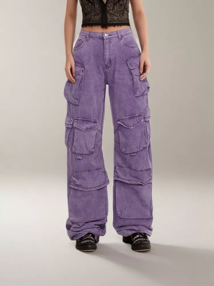 TWOTWINSTYLE  Pockets Casual Denim Cargo Pants For Women High Waist Spliced Button Fashion Clothing