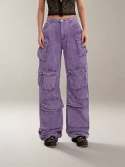 Pockets Denim Cargo Pants For Women High Waist Spliced Button