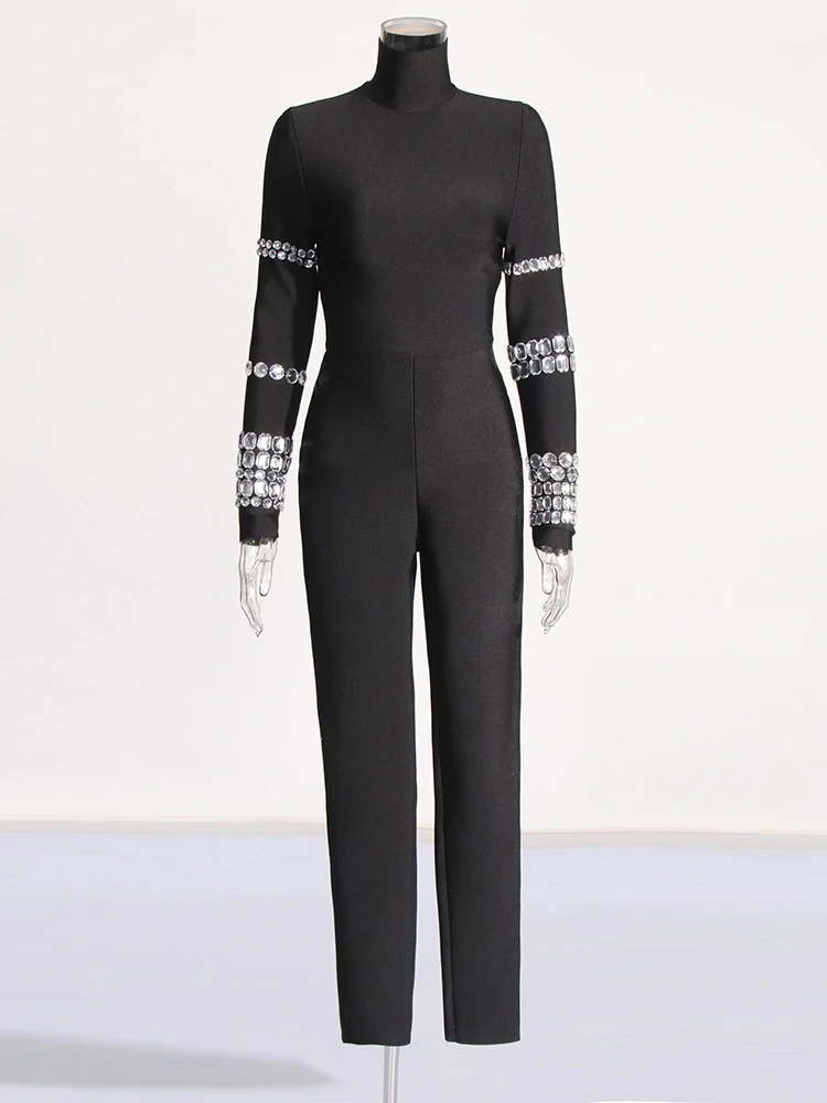 TWOTWINSTYLE Diamonds Minimalist Slimming Jumpsuits For Women Turtleneck Clothing