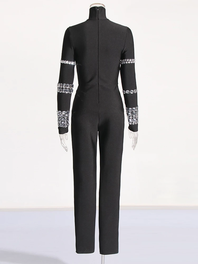 TWOTWINSTYLE Diamonds Minimalist Slimming Jumpsuits For Women Turtleneck Clothing