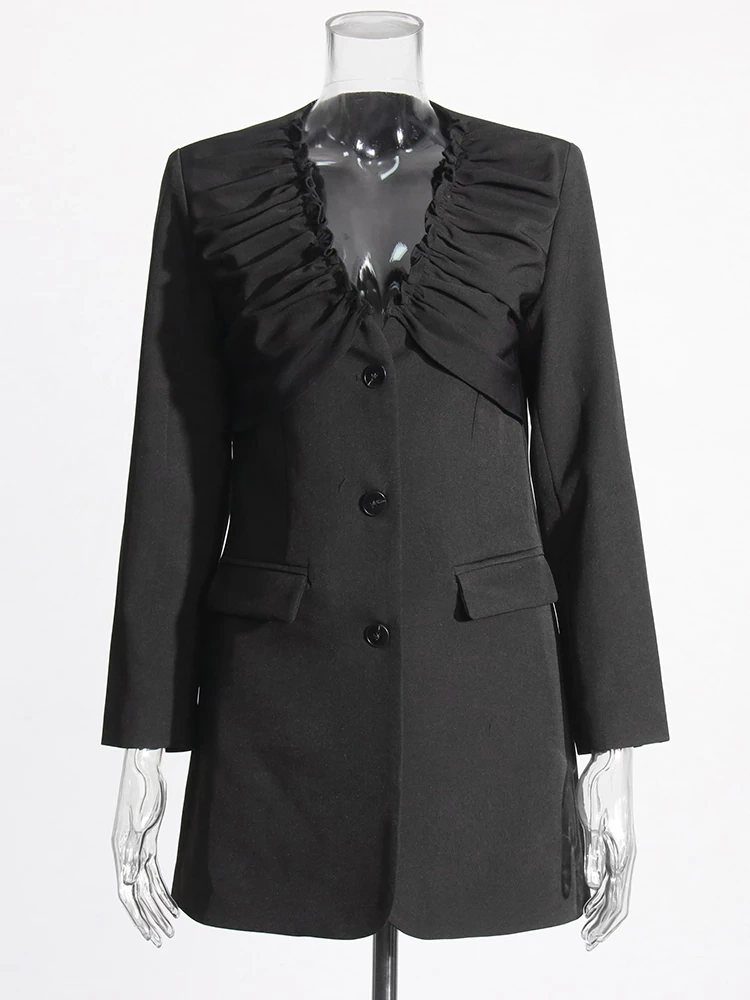 TWOTWINSTYLE  Folds Casual Blazers For Women V Neck Long Sleeve Spliced Single Breasted Clothing