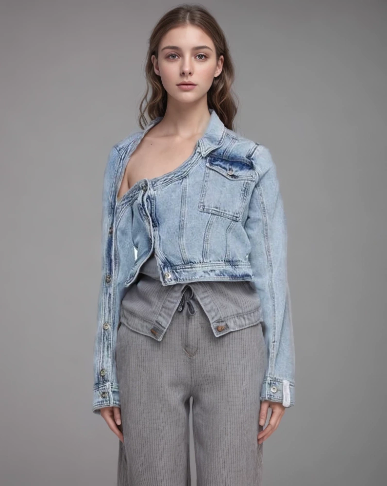 TWOTWINSTYLE Denim Jackets For Women Lapel Long Sleeve Single Breasted Fashion Clothing