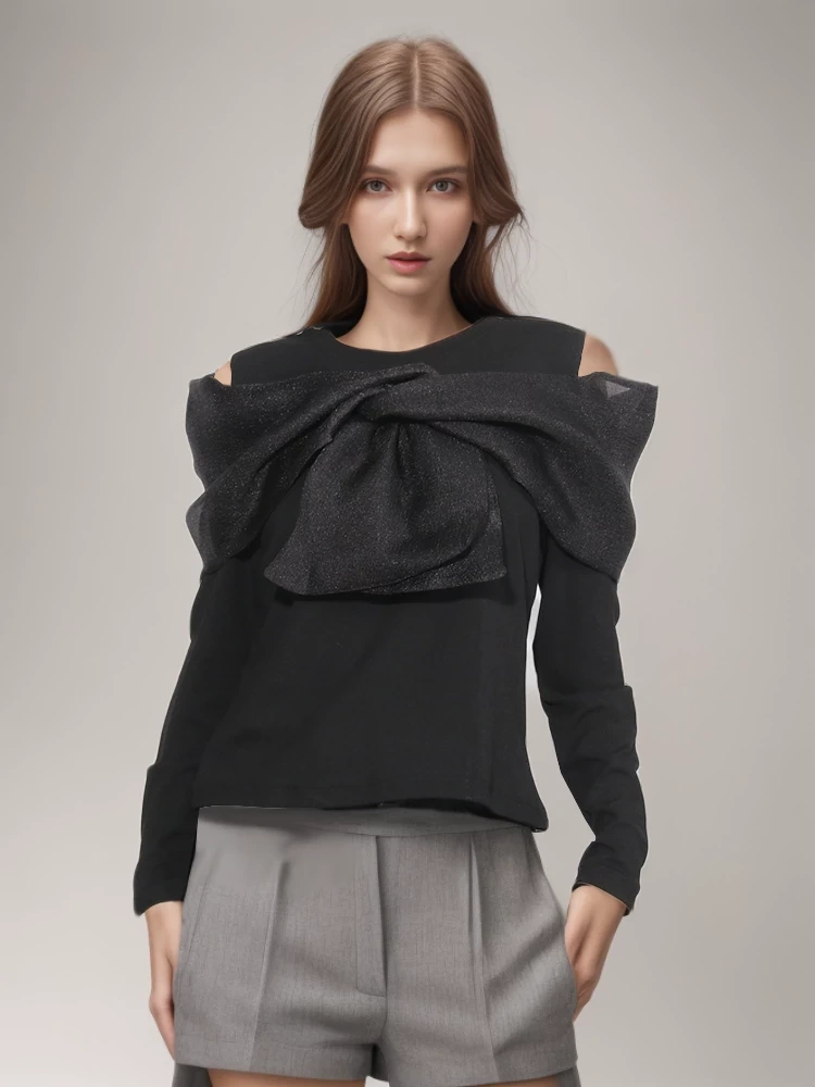 TWOTWINSTYLE Bowknot Hollow Out T Shirt For Women  Slimming T Shirts Clothing